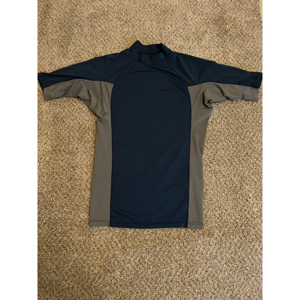 Patagonia Mens RO Rashguard Surf M Navy Blue Colorblock Short Sleeve Swim Shirt